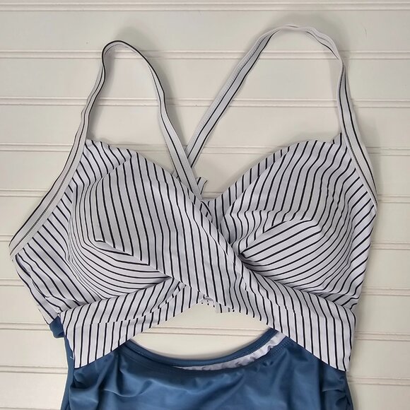 Women's Blue Striped Wrap Top Cut Out High Waist One Piece Swimsuit Size XL NWT - Picture 3 of 13